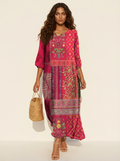 Women's Bohemian Patchwork Print Relaxed Fit Three-Quarter Sleeve Maxi Dress