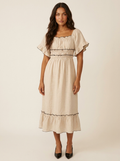 Women's Elegant Square Neck Flutter Sleeve Smocked Waist Midi Dress