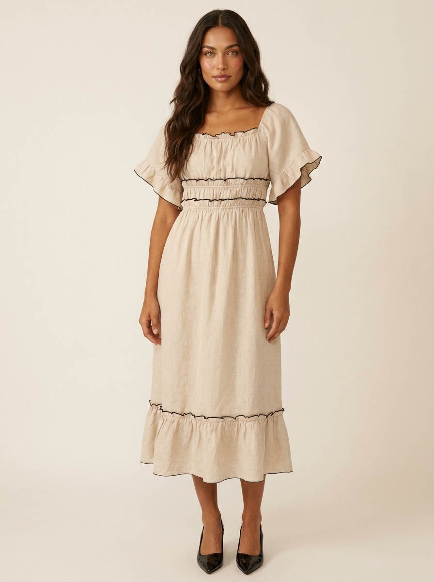 Women's Elegant Square Neck Flutter Sleeve Smocked Waist Midi Dress