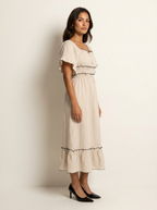 Women's Elegant Square Neck Flutter Sleeve Smocked Waist Midi Dress