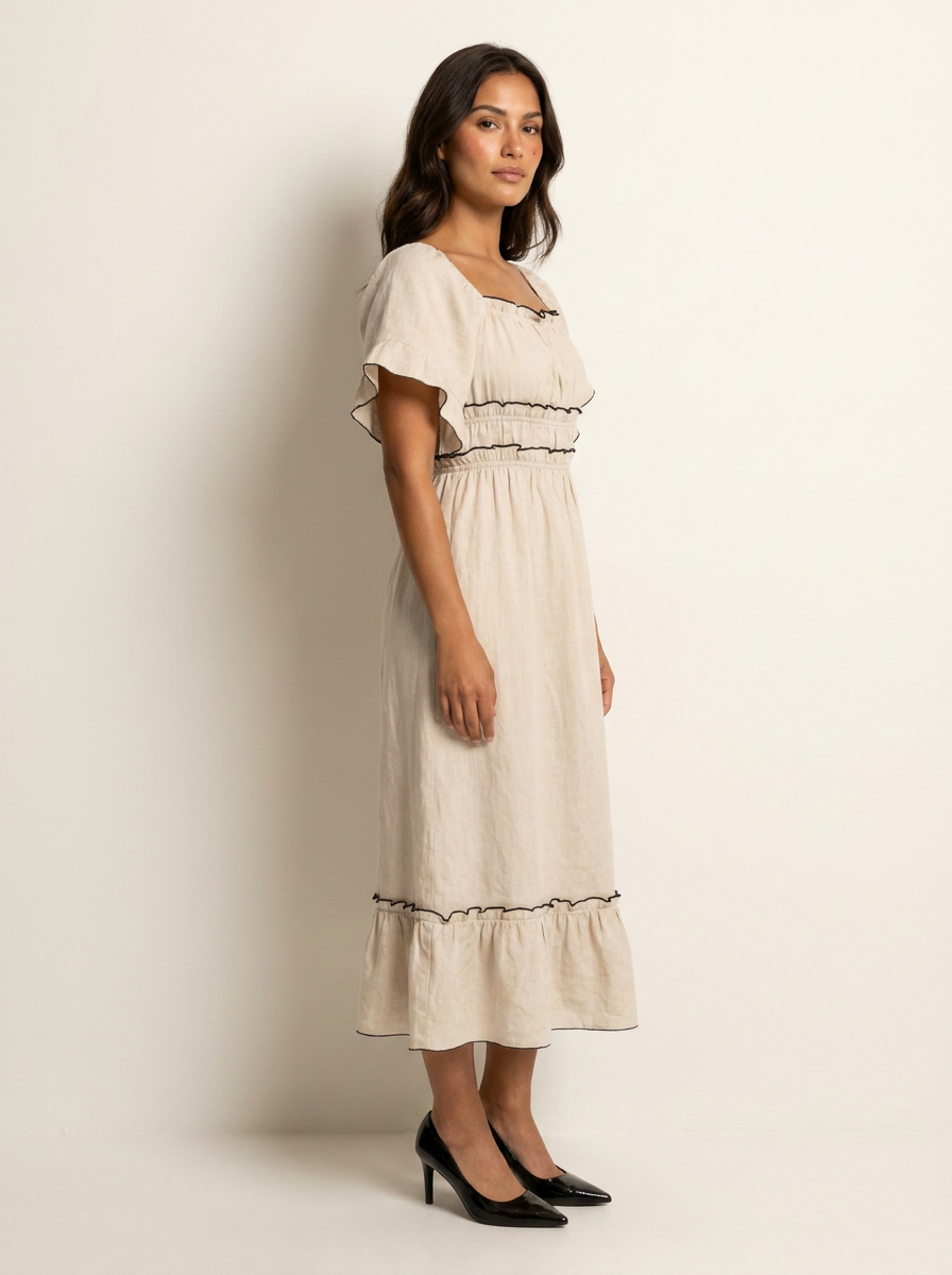 Women's Elegant Square Neck Flutter Sleeve Smocked Waist Midi Dress