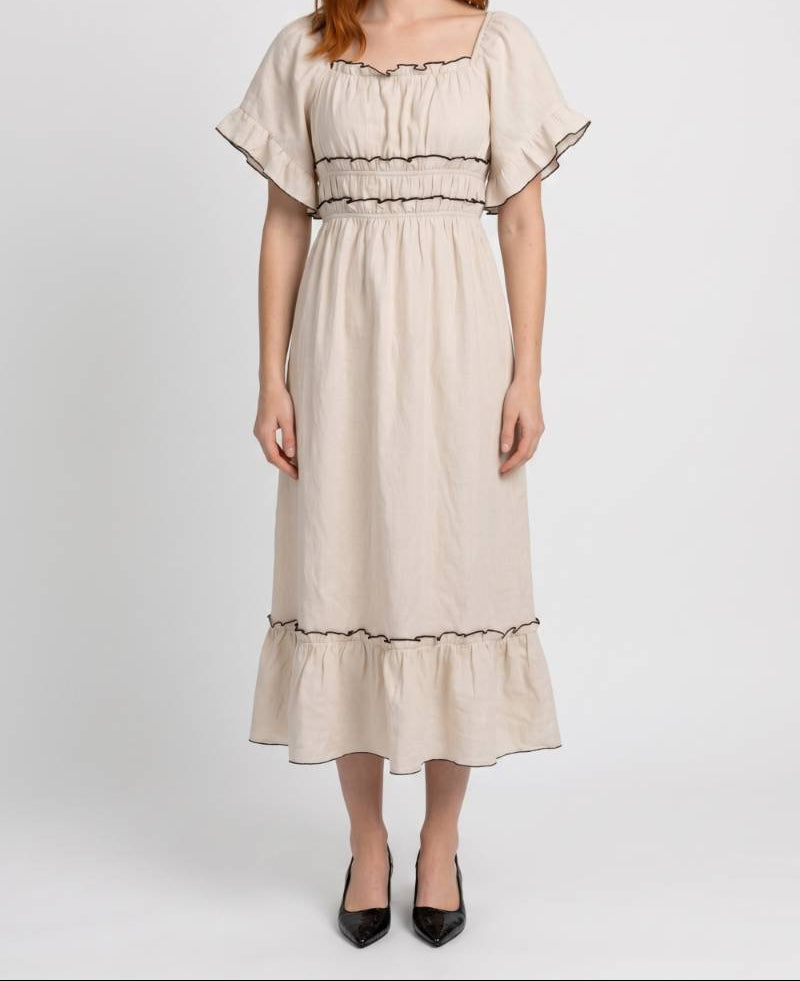 Women's Elegant Square Neck Flutter Sleeve Smocked Waist Midi Dress