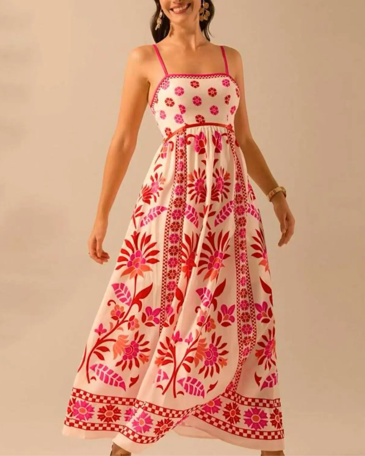 Women's Bohemian Floral Print Sleeveless Spaghetti Strap Maxi Dress