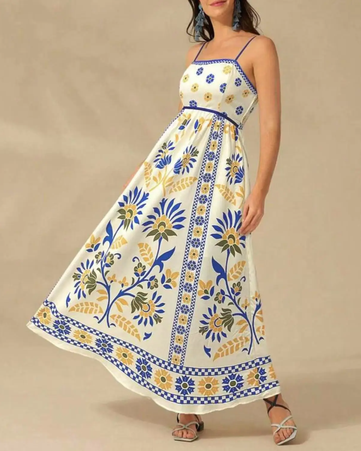 Women's Bohemian Floral Print Sleeveless Spaghetti Strap Maxi Dress