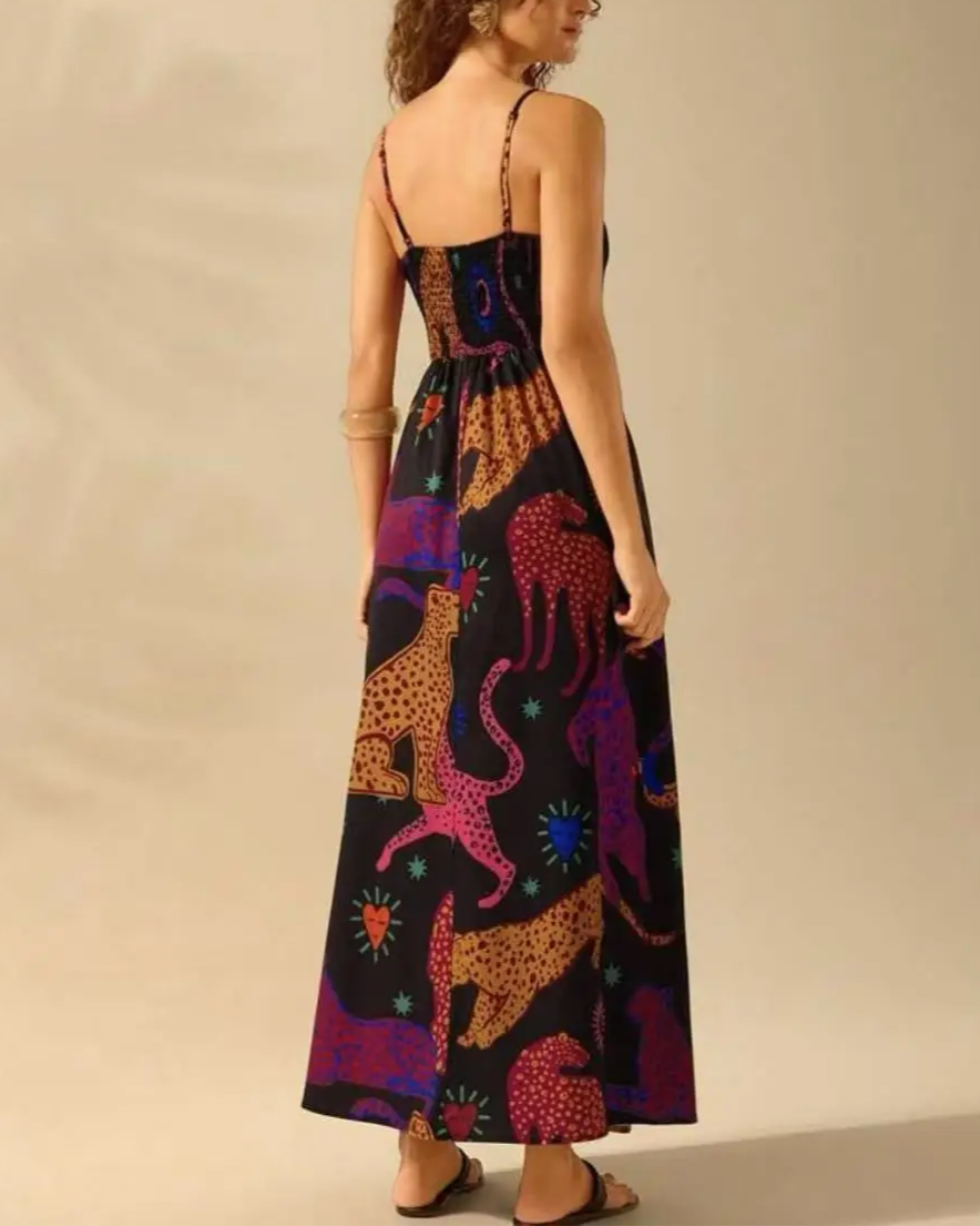 Women's Bohemian Floral Print Sleeveless Spaghetti Strap Maxi Dress