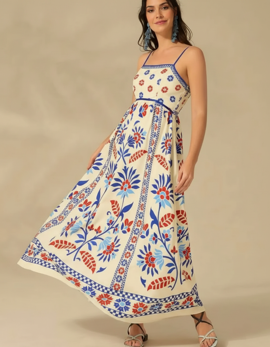 Women's Bohemian Floral Print Sleeveless Spaghetti Strap Maxi Dress