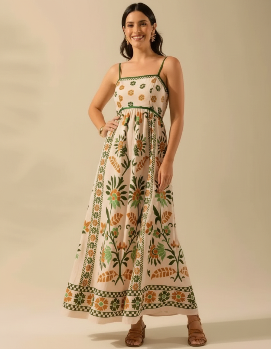 Women's Bohemian Floral Print Sleeveless Spaghetti Strap Maxi Dress