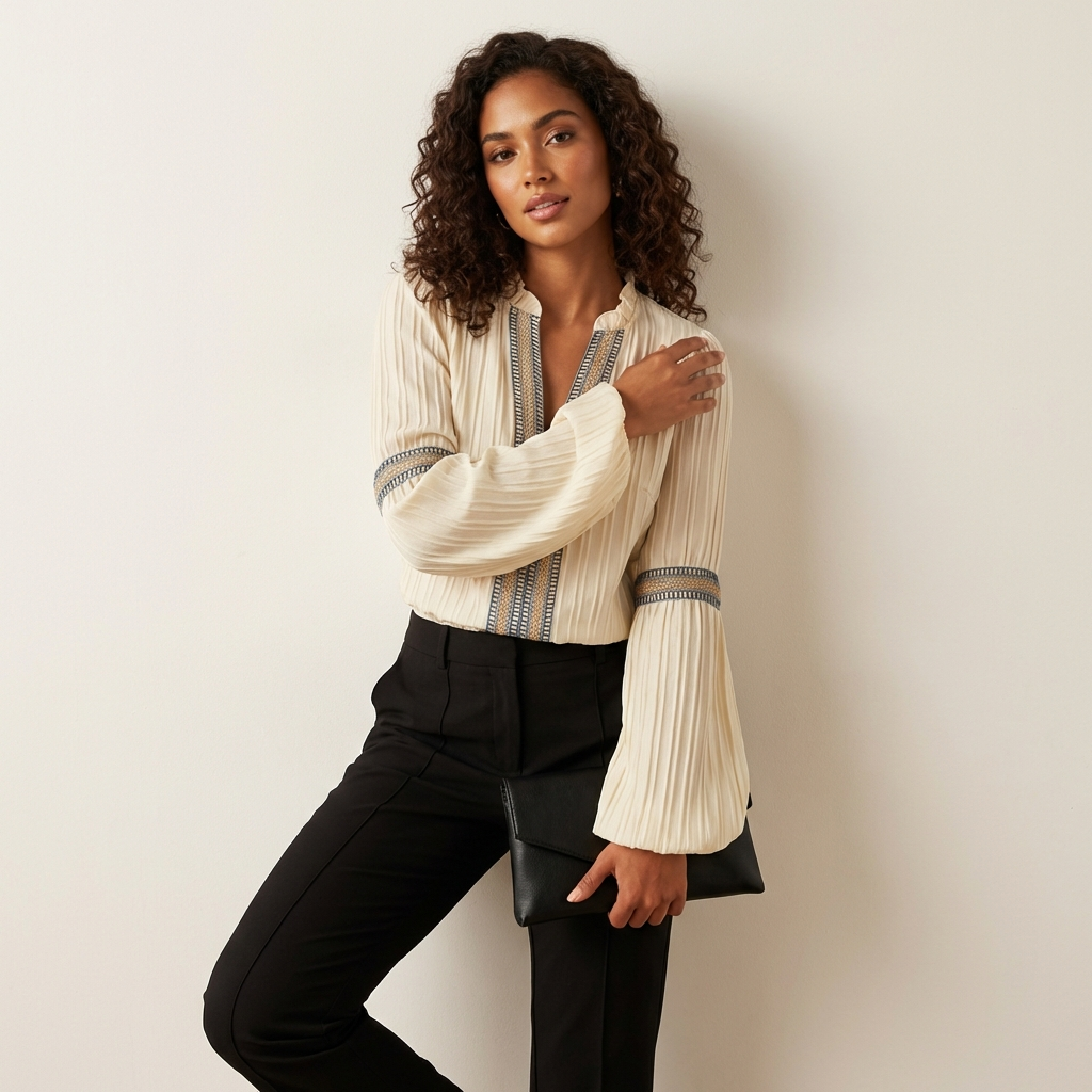 Women's Bohemian Pleated Embroidered V-Neck Long Sleeve Blouse