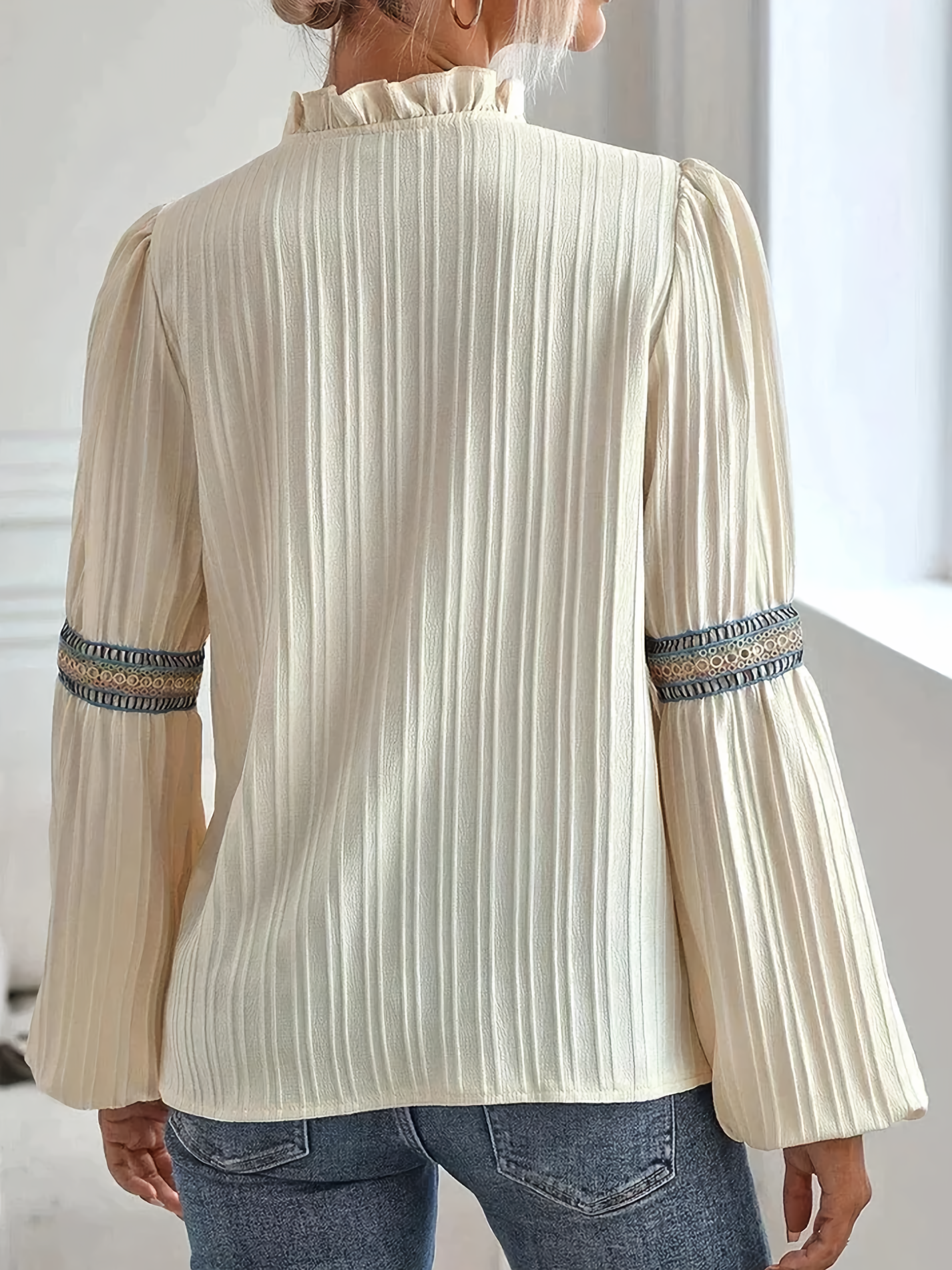 Women's Bohemian Pleated Embroidered V-Neck Long Sleeve Blouse