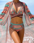 Women's Bohemian Printed High Waist Bikini Set with Sheer Cover-Up