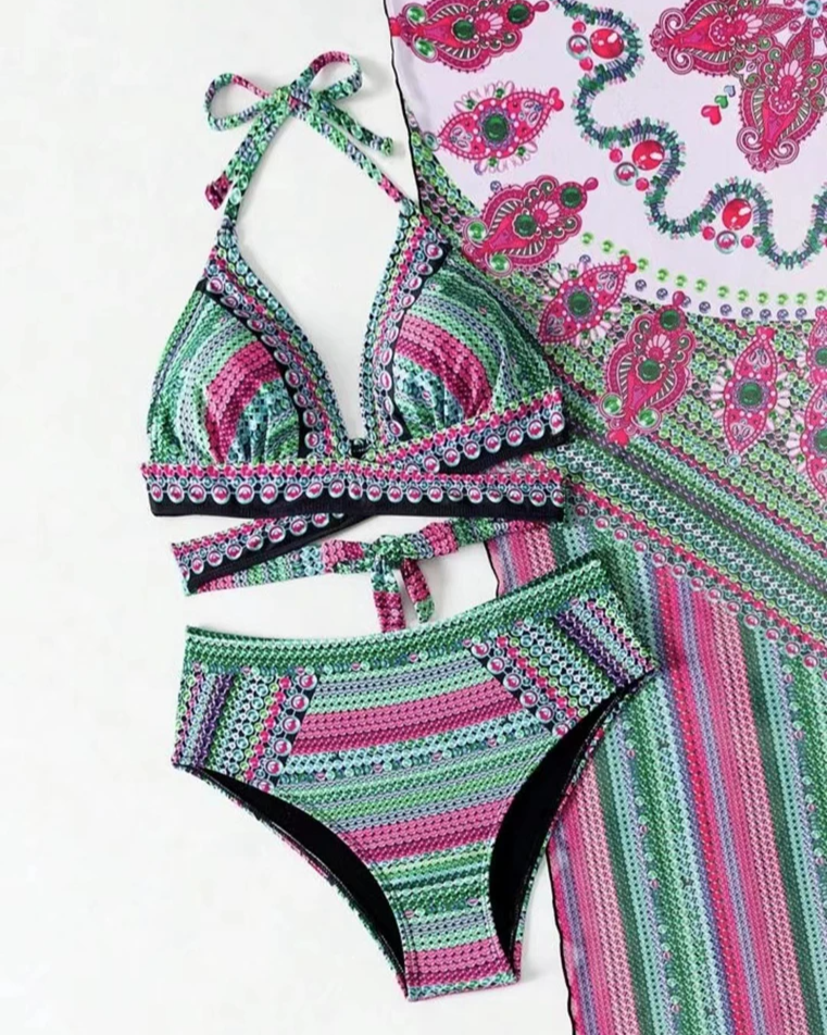 Women's Bohemian Printed High Waist Bikini Set with Sheer Cover-Up