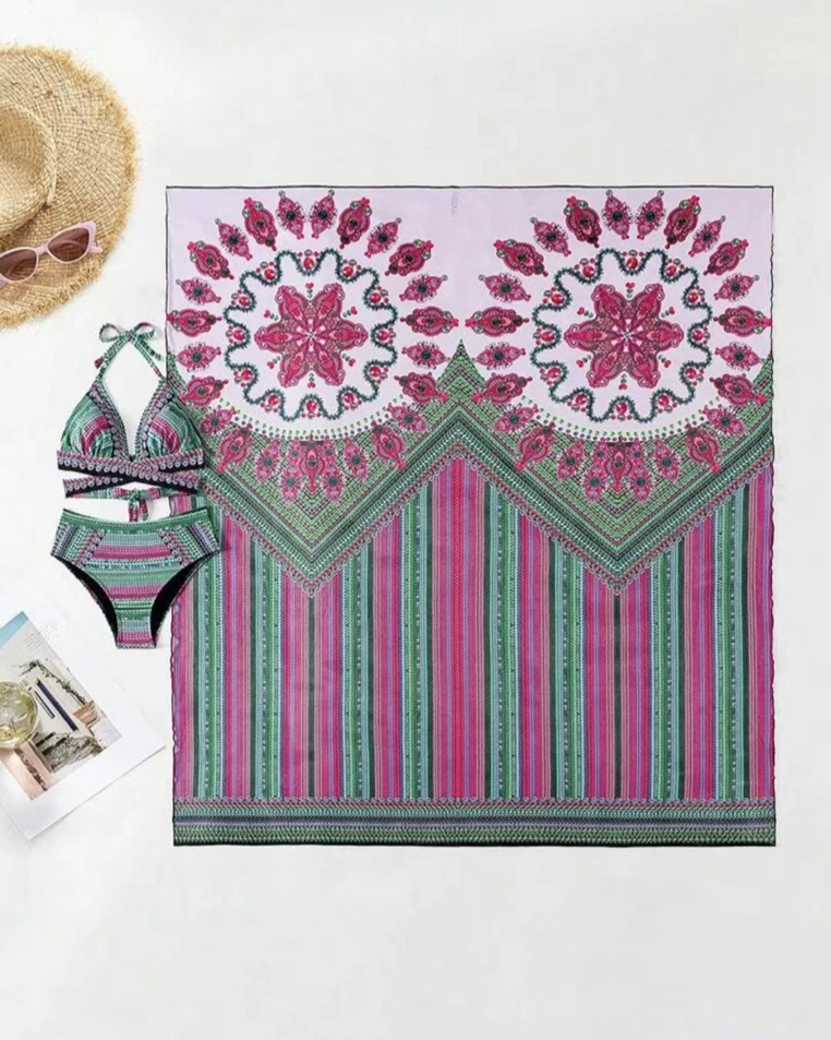 Women's Bohemian Printed High Waist Bikini Set with Sheer Cover-Up