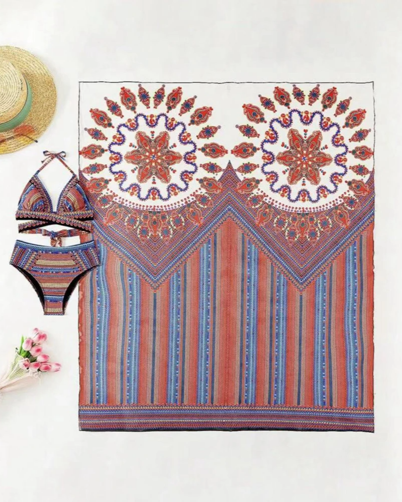 Women's Bohemian Printed High Waist Bikini Set with Sheer Cover-Up