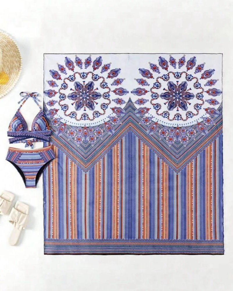 Women's Bohemian Printed High Waist Bikini Set with Sheer Cover-Up