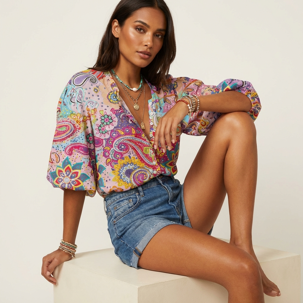 Women's Bohemian Paisley Print V-Neck Puff Sleeve Casual Blouse