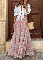 Women's Bohemian Floral Print Tiered Maxi Skirt with High Waist, Flowy A-Line Silhouette and Ruffle Hem
