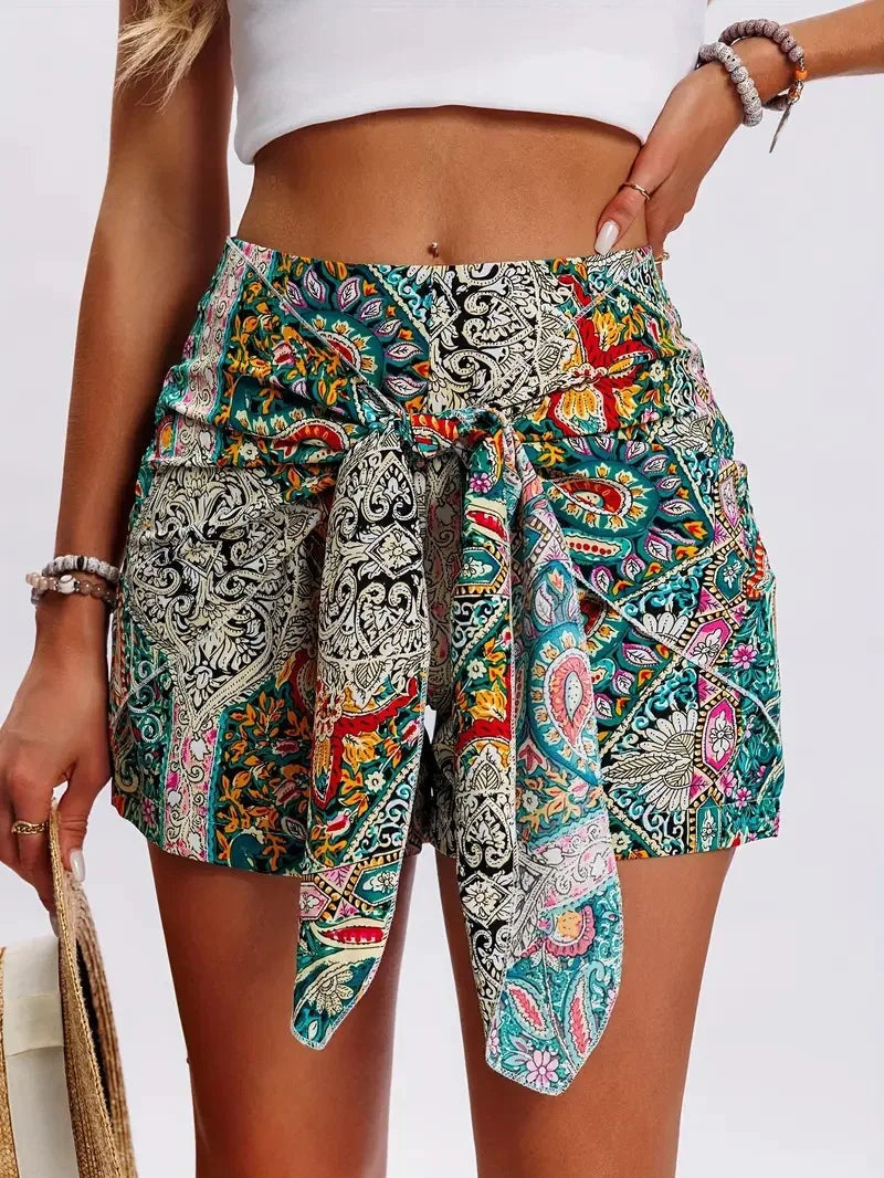 Women's Bohemian Paisley Wrap Tie High Waist Casual Shorts
