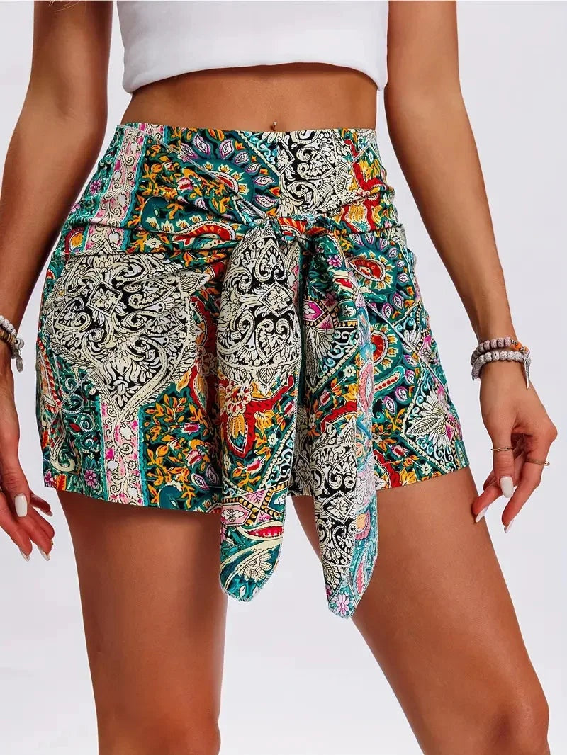Women's Bohemian Paisley Wrap Tie High Waist Casual Shorts