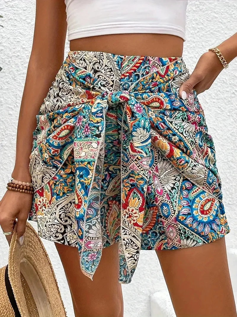 Women's Bohemian Paisley Wrap Tie High Waist Casual Shorts
