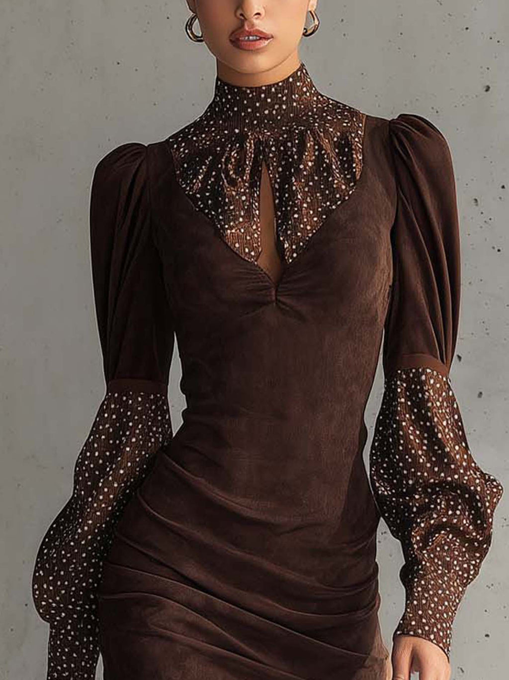 Damen elegantes Bodycon-Kleid mit gepunkteten Ärmeln und Schlüssellochausschnitt