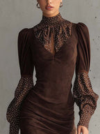 Damen elegantes Bodycon-Kleid mit gepunkteten Ärmeln und Schlüssellochausschnitt
