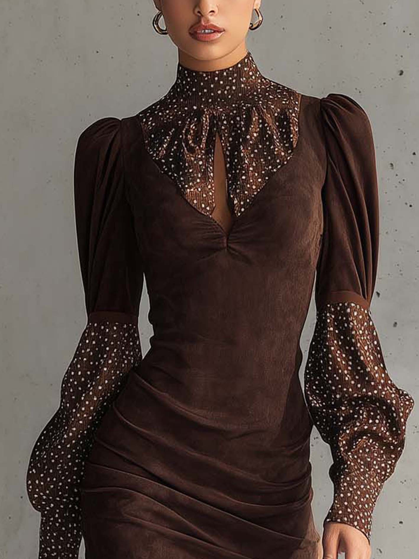 Damen elegantes Bodycon-Kleid mit gepunkteten Ärmeln und Schlüssellochausschnitt