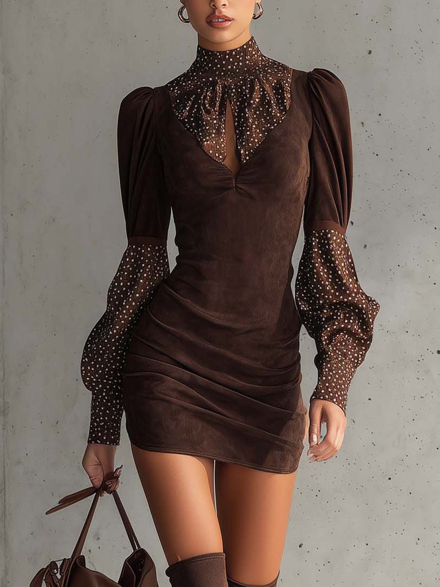 Women Elegant Bodycon Dress - Polka Dot Sleeves and Keyhole Neckline