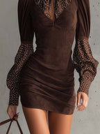 Damen elegantes Bodycon-Kleid mit gepunkteten Ärmeln und Schlüssellochausschnitt