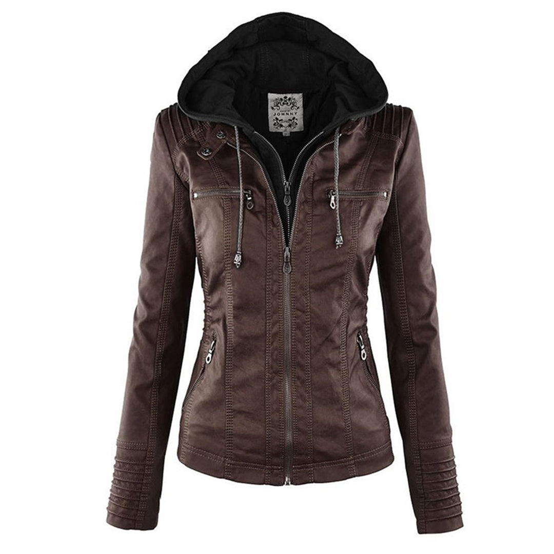 Women's Hooded Vegan Leather Jacket with Structured Fit and Zip Details