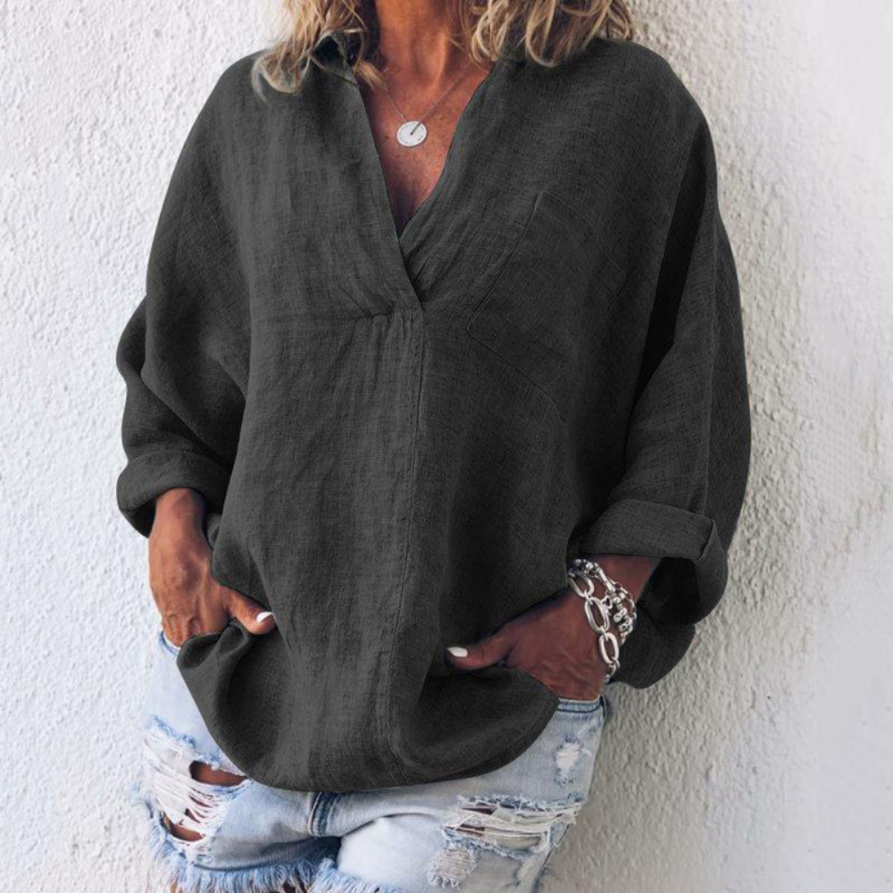 Blouse décontractée pour femme à col en V avec poche