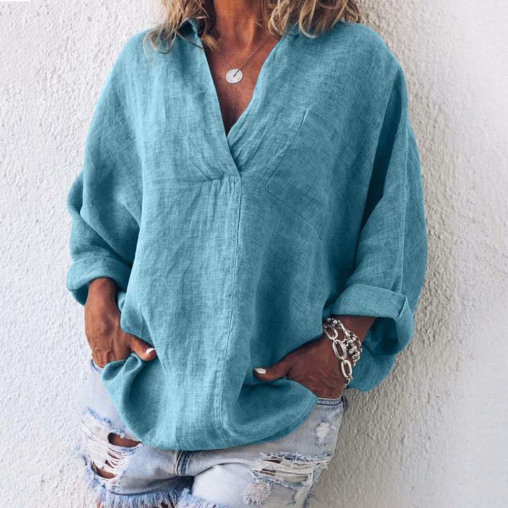 Blouse décontractée pour femme à col en V avec poche