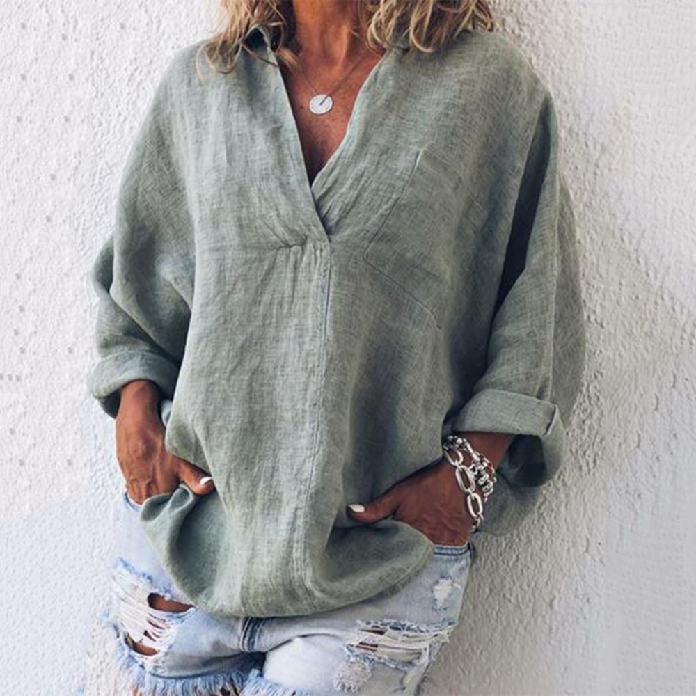Blouse décontractée pour femme à col en V avec poche