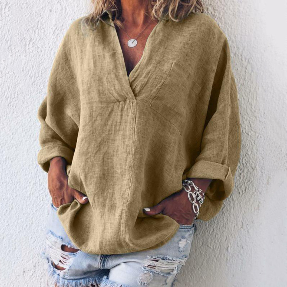 Blouse décontractée pour femme à col en V avec poche