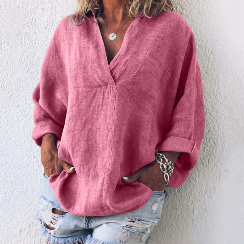 Blouse décontractée pour femme à col en V avec poche