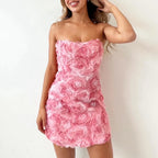 Damen trägerloses florales Minikleid mit 3D-Applikation und figurbetontem Design