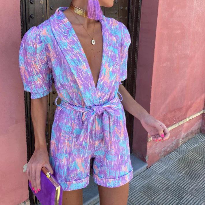Bedruckter Sommer-Jumpsuit für Damen mit Taillengürtel Lockerer Schnitt Urlaubsstil