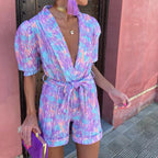 Bedruckter Sommer-Jumpsuit für Damen mit Taillengürtel Lockerer Schnitt Urlaubsstil