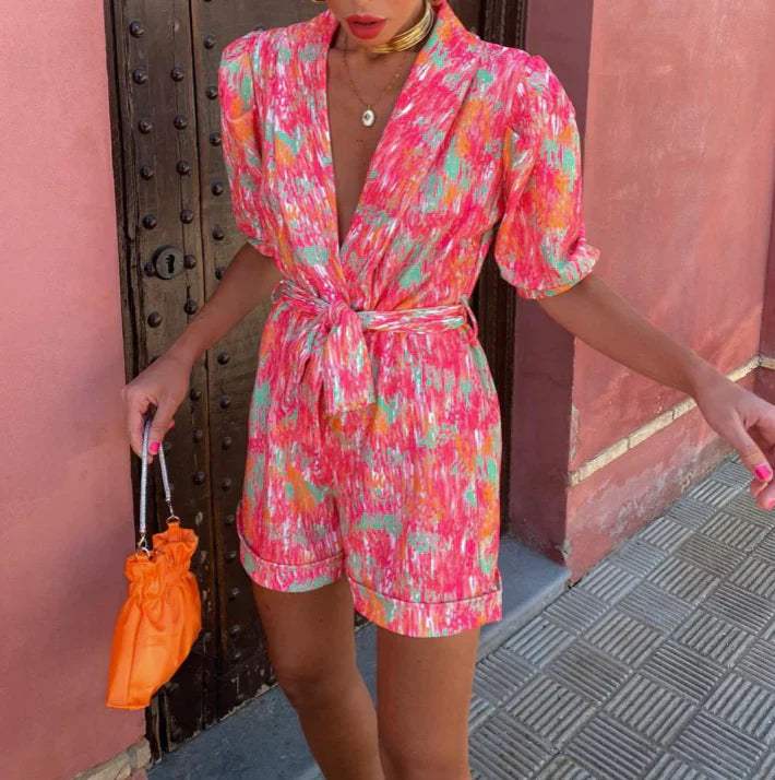 Printed Summer Jumpsuit for Women with Tie Waist Relaxed Fit Holiday Style