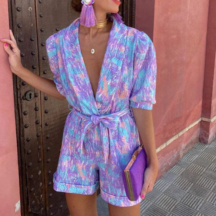Bedruckter Sommer-Jumpsuit für Damen mit Taillengürtel Lockerer Schnitt Urlaubsstil