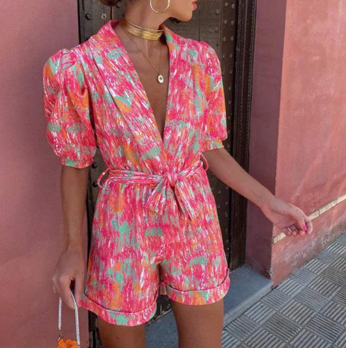 Bedruckter Sommer-Jumpsuit für Damen mit Taillengürtel Lockerer Schnitt Urlaubsstil