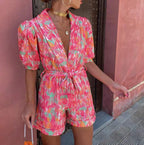 Bedruckter Sommer-Jumpsuit für Damen mit Taillengürtel Lockerer Schnitt Urlaubsstil