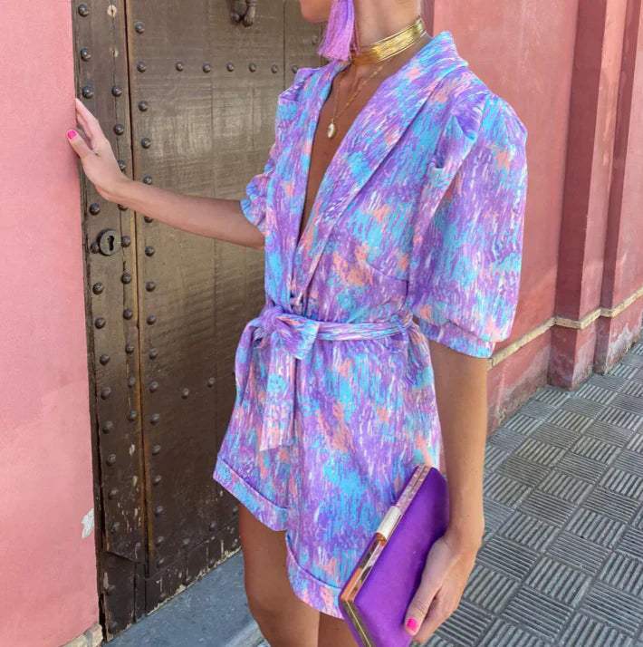 Bedruckter Sommer-Jumpsuit für Damen mit Taillengürtel Lockerer Schnitt Urlaubsstil