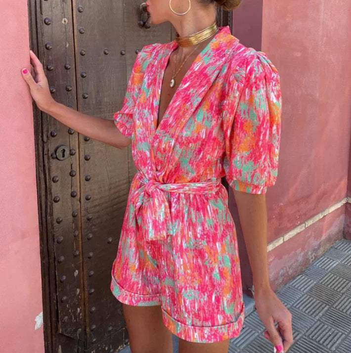 Bedruckter Sommer-Jumpsuit für Damen mit Taillengürtel Lockerer Schnitt Urlaubsstil