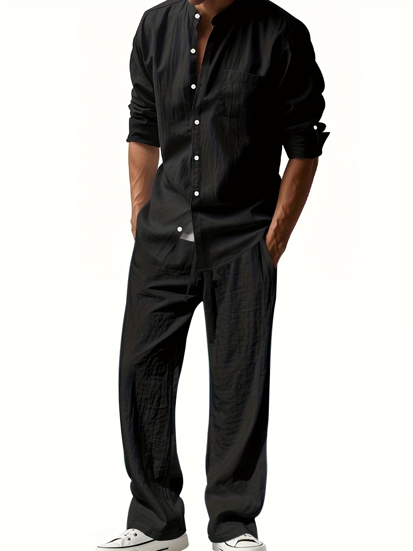Men's Linen Two-Piece Set with Band Collar Shirt for Summer Comfort