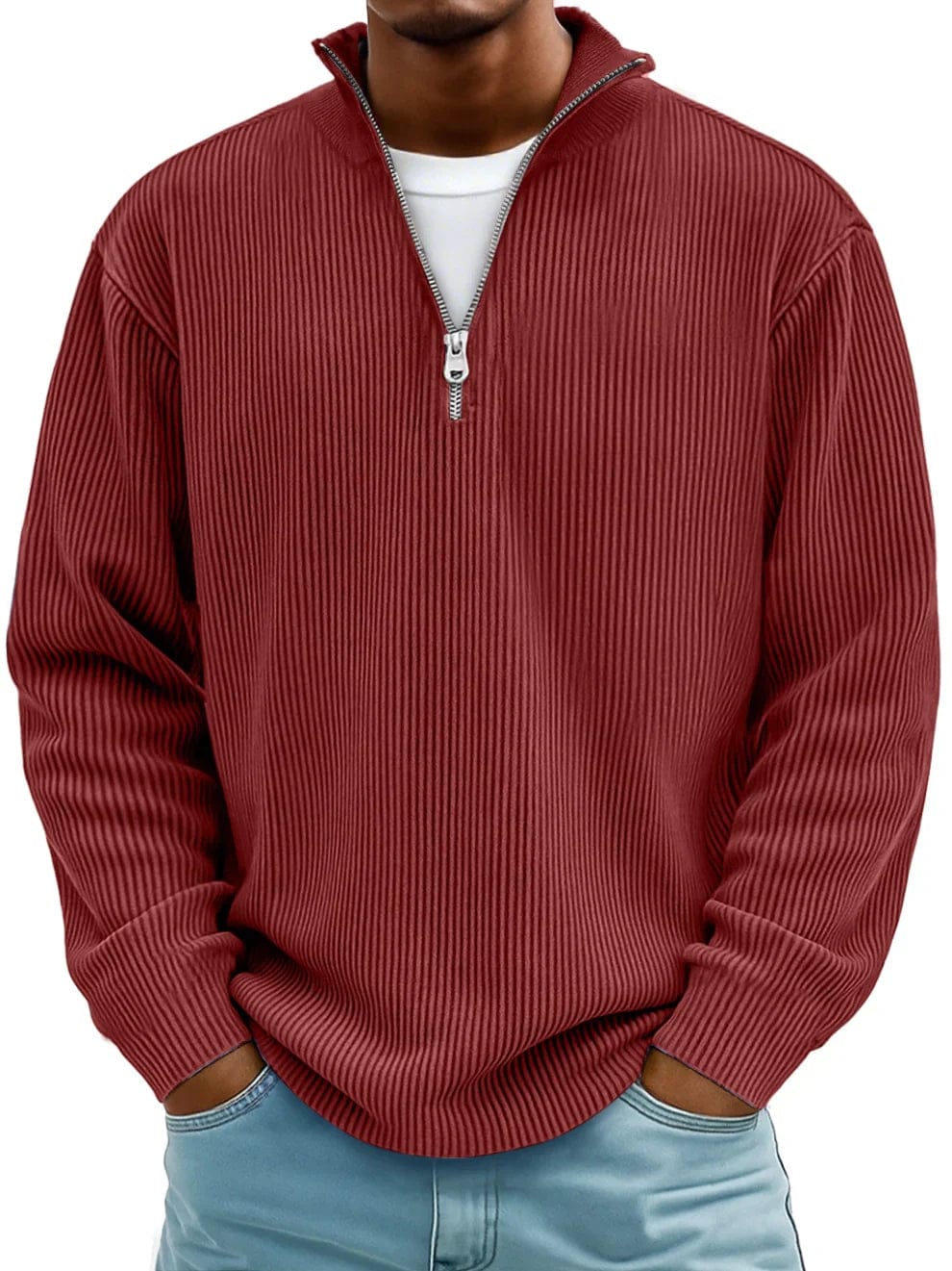 Ribbet pullover med kvart lynlås til mænd