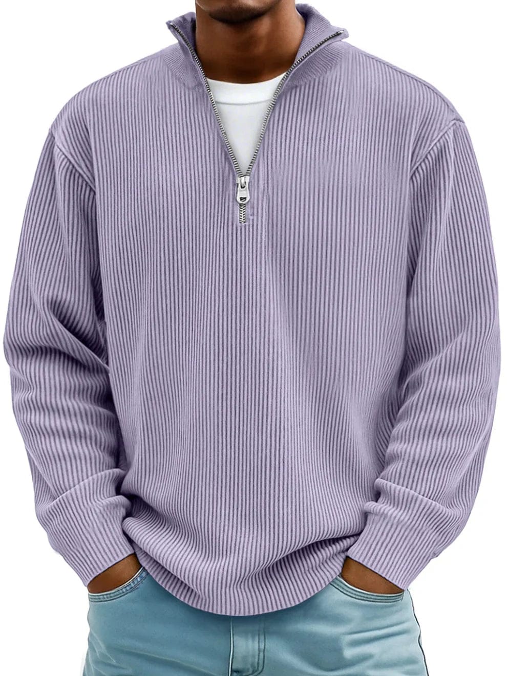 Ribbet pullover med kvart lynlås til mænd