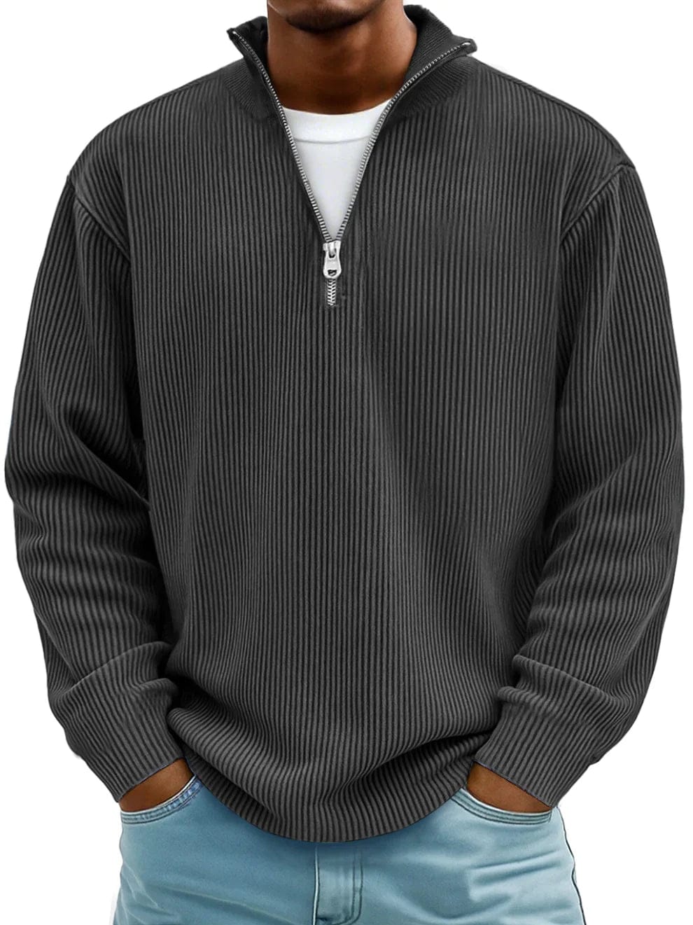 Ribbet pullover med kvart lynlås til mænd