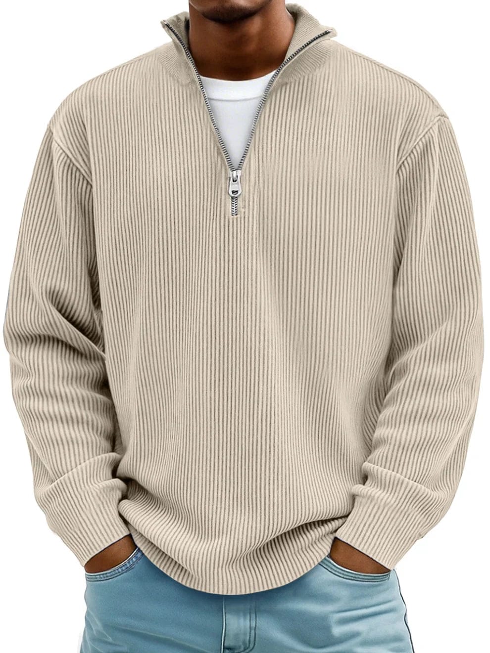 Ribbet pullover med kvart lynlås til mænd