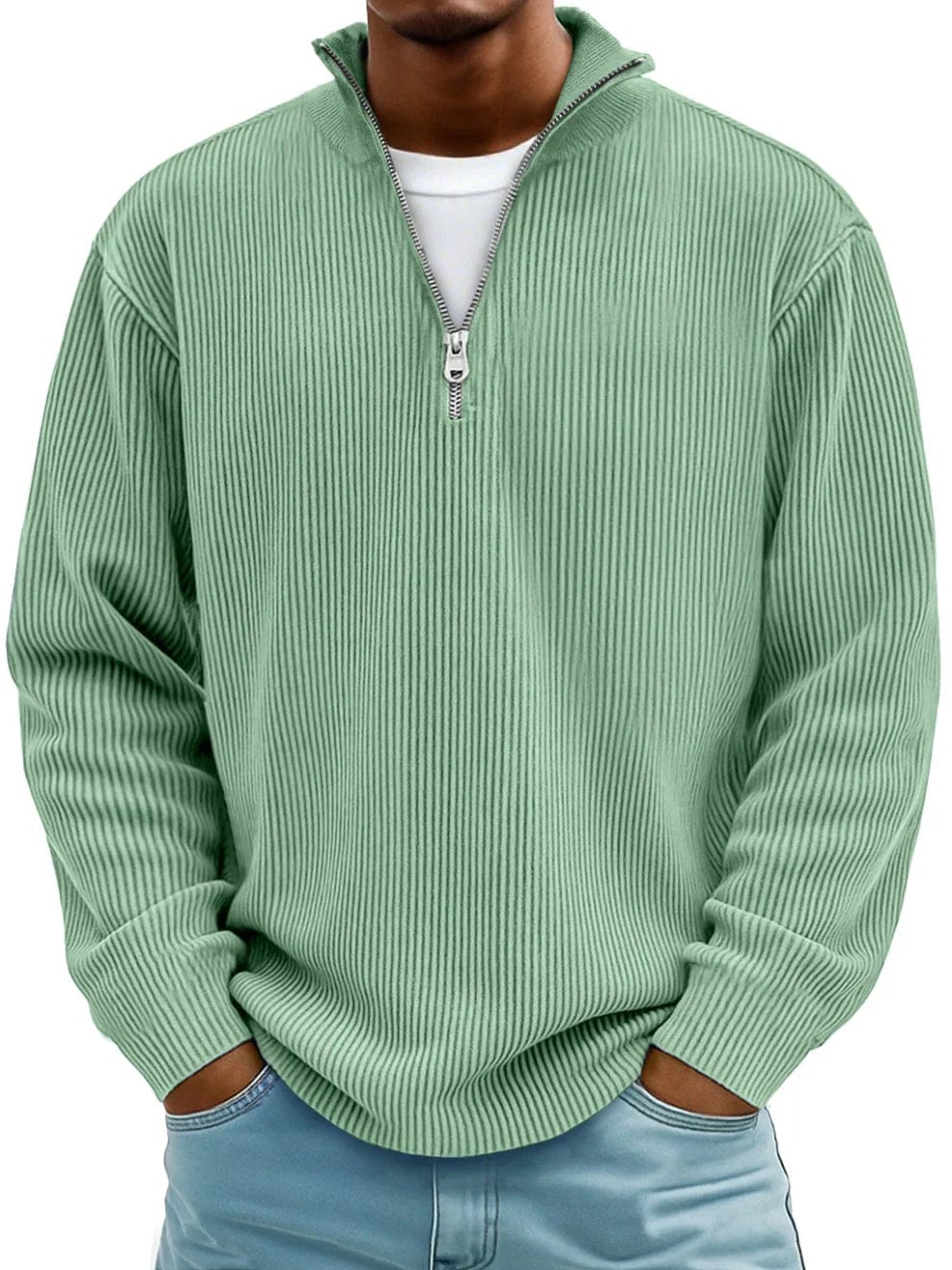 Ribbet pullover med kvart lynlås til mænd
