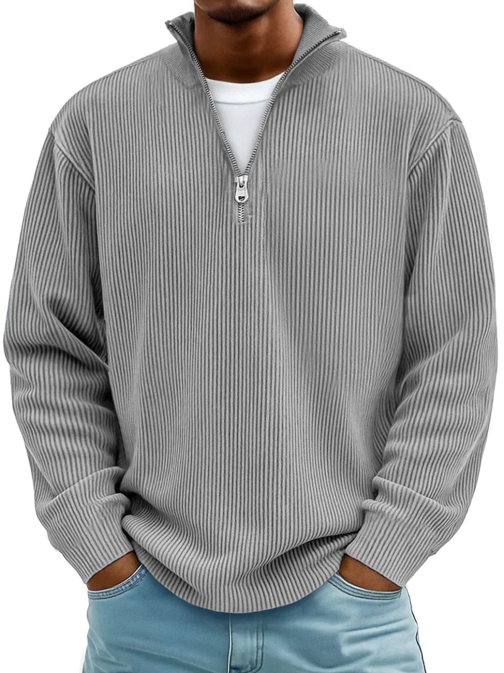 Ribbet pullover med kvart lynlås til mænd
